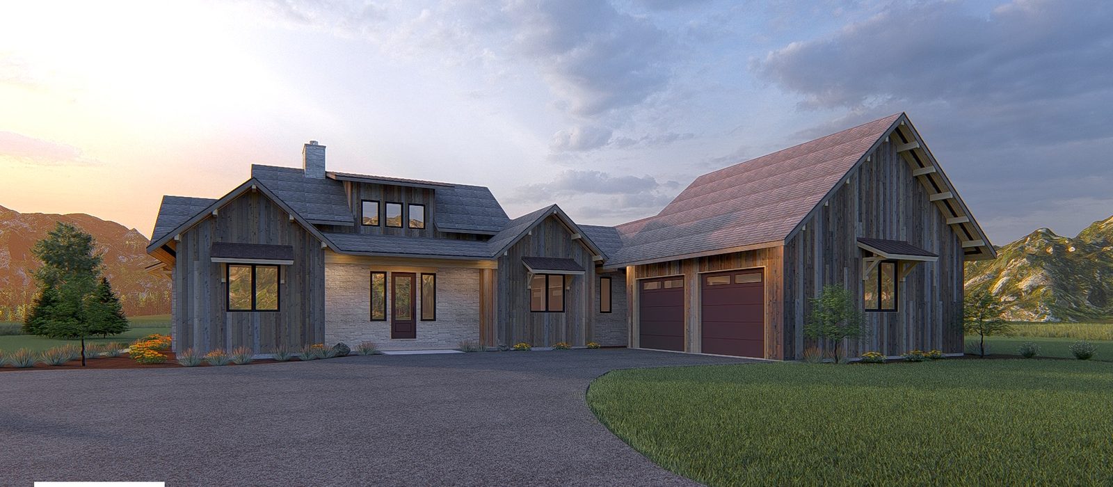 88 Hastings Drive spec home at dusk with the Tetons behind it, Victor, Idaho