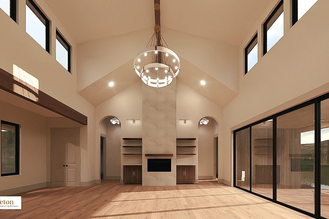 Vaulted great room with fireplace and floor-to-ceiling windows