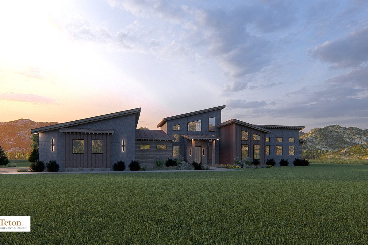 681 Lucia Lane spec home exterior rendering at dusk, Teton Valley, Idaho